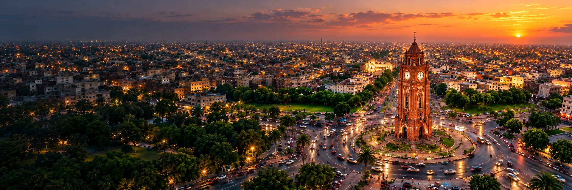 Clock tower and city skyline in Faisalabad
